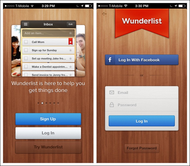 Wunderlist for iOS: Sign Up and Log In are persistent throughout tour