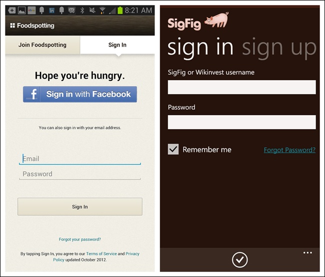 Foodspotting for Android and SigFig for Windows Phone: Sign In and Sign Up on tabs