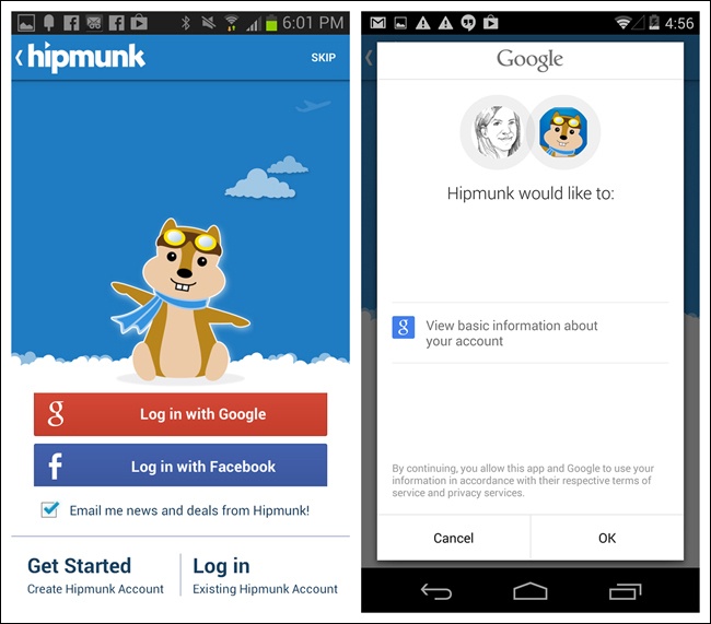 Hipmunk for Android offers three Sign In options: create an account, use Facebook, or use Google