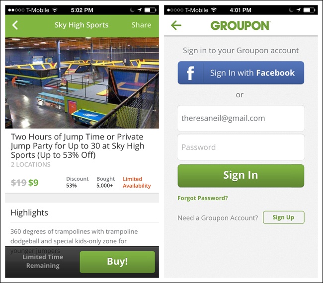 Groupon for iOS: browse freely—you’ll be prompted to sign in to purchase