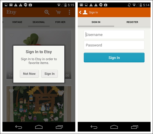 Etsy for Android prompts for Sign In when user “favorites” an item