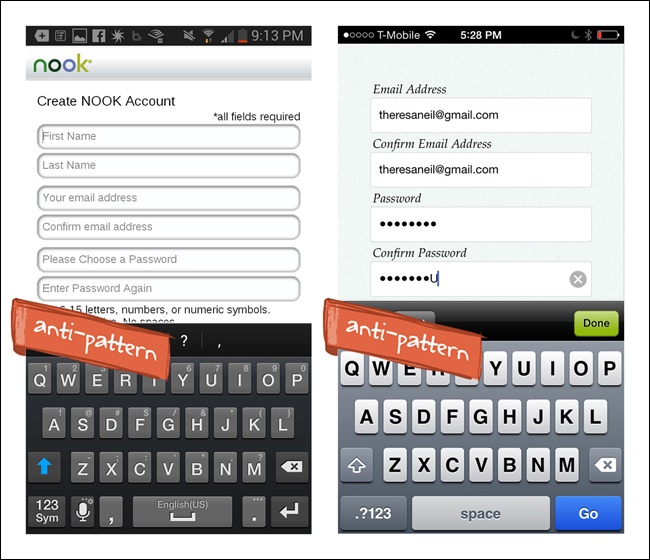 NOOK for Android and LearnVest for iOS: redundant email and password fields