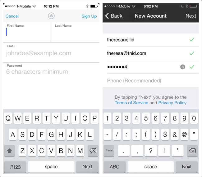 Rove and Kik for iOS: testing validates use of single fields for email and password