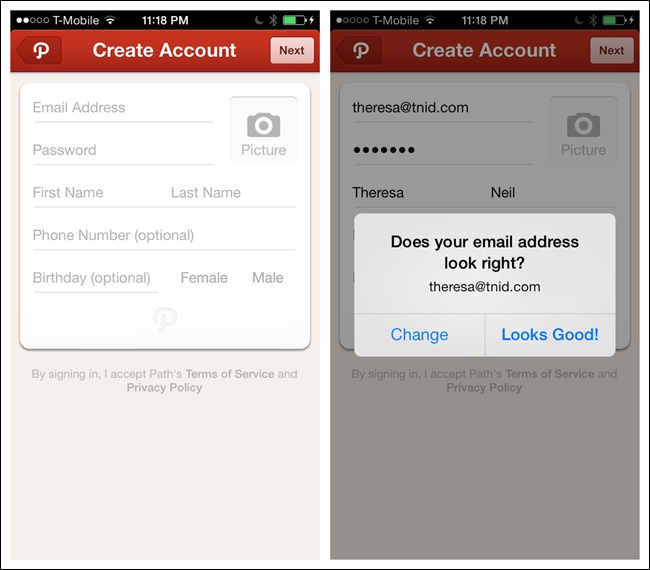 Path for iOS clearly marks optional fields and uses a prompt to confirm email address