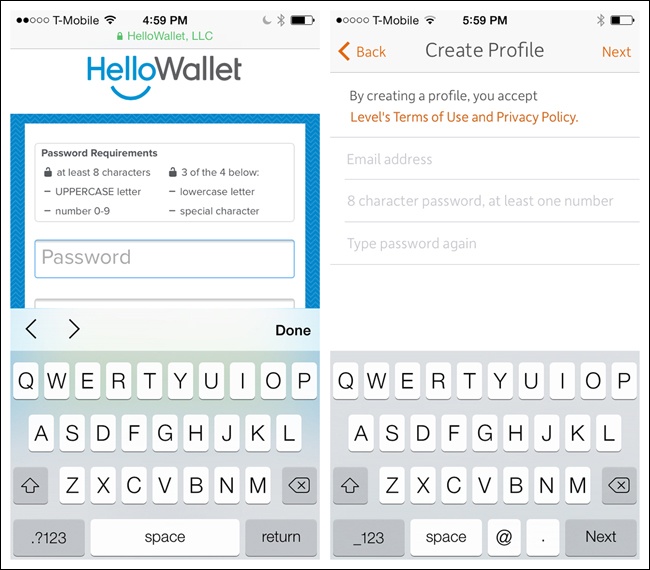 HelloWallet and Level for iOS: show password requirements up front