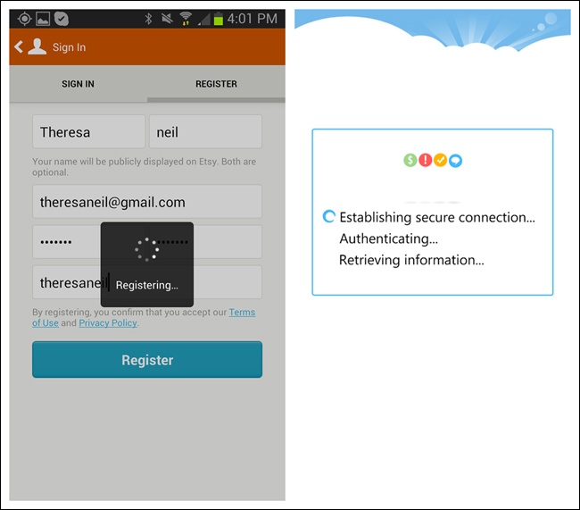 Etsy and Pageonce for Android: once the form is submitted, offer the user feedback on progress