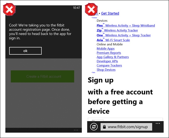 Fitbit for Windows Phone: miserable browser-based registration UX