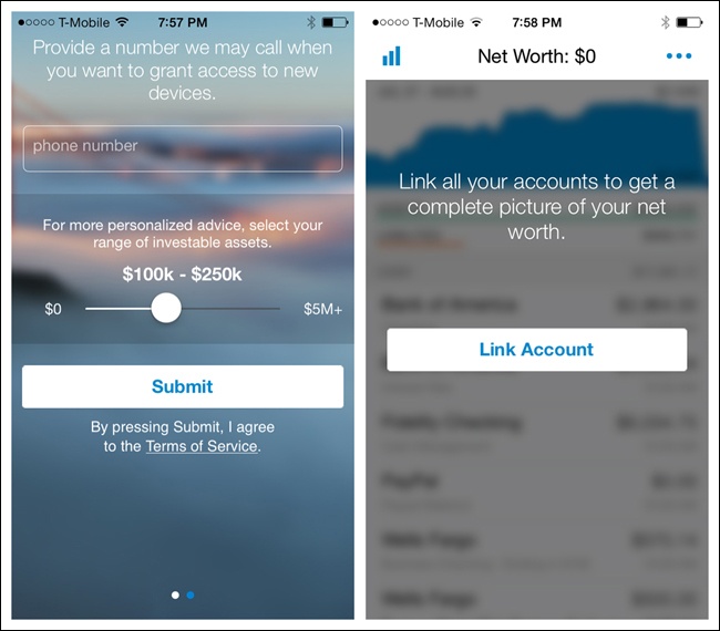 Personal Capital for iOS: prompts for phone number and asset range and provides an opportunity to link accounts