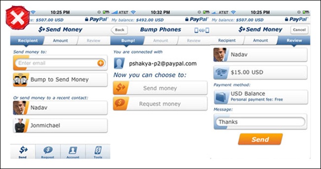 PayPal for iOS, circa 2010–2011: Send Money process bar