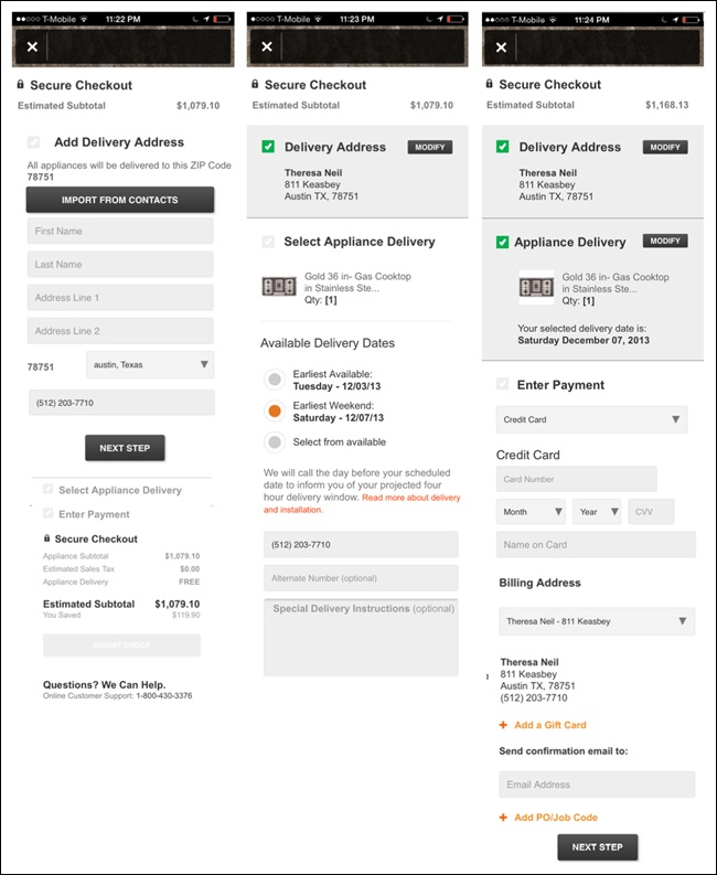 Home Depot for iOS (2013): much-improved checkout flow