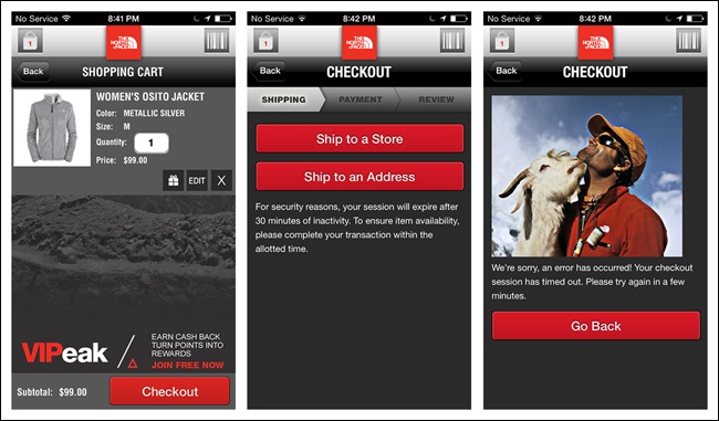 The North Face for iOS times out when I try to check out—every time! Grr! Why have a timeout anyway?