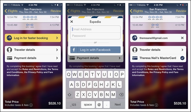 Expedia for iOS: signing in prepopulates the checkout form with traveler and payment details