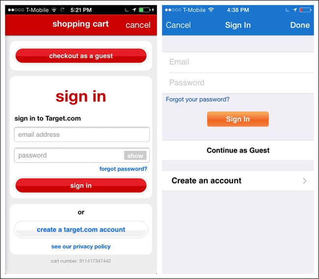 Target and Walmart for iOS: offer guest checkout as well as Sign In/Register options