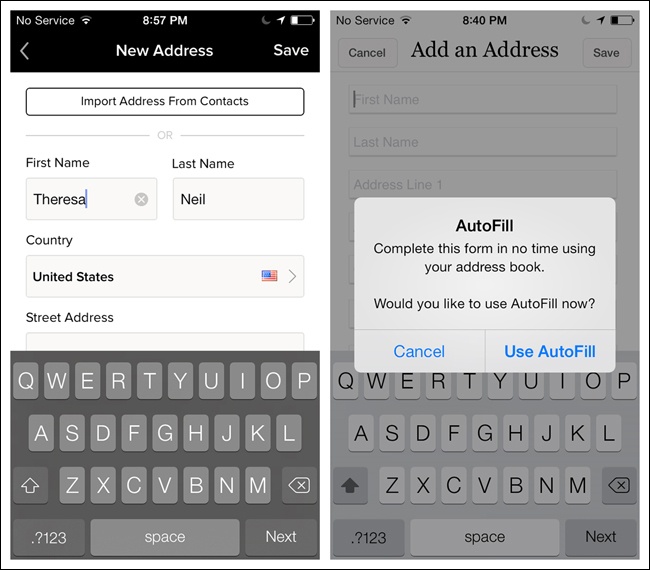 Gilt and RuLaLa for iOS: optional import/autofill for entering addresses