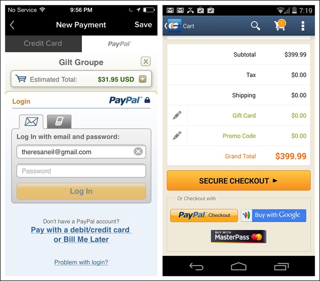 Gilt for iOS and Newegg for Android: alternative payment options via PayPal and Google Wallet