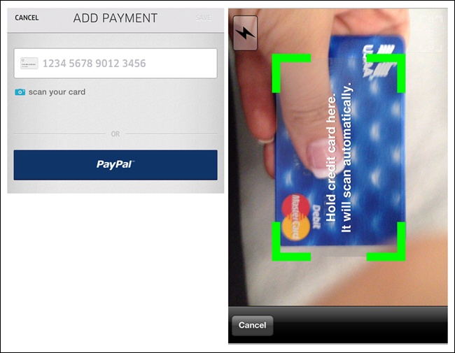 Uber for iOS also offers credit card scan and PayPal options