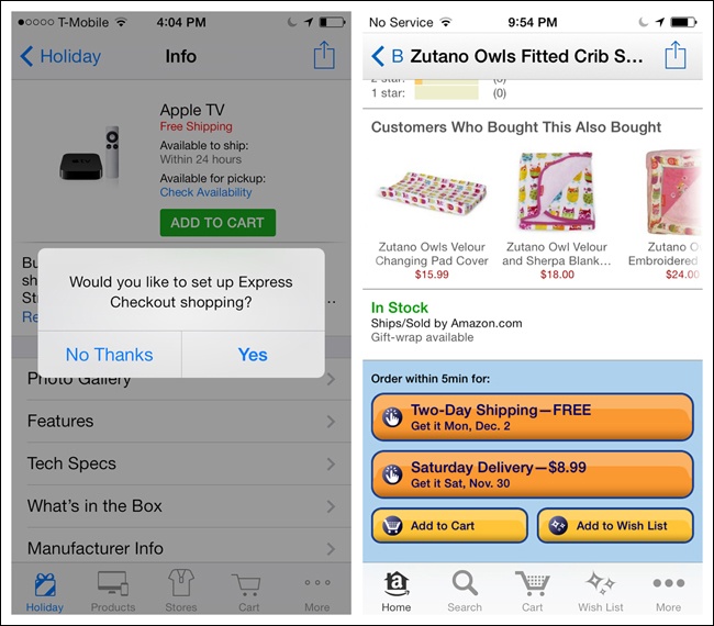 Apple Store and Amazon for iOS: express checkout options