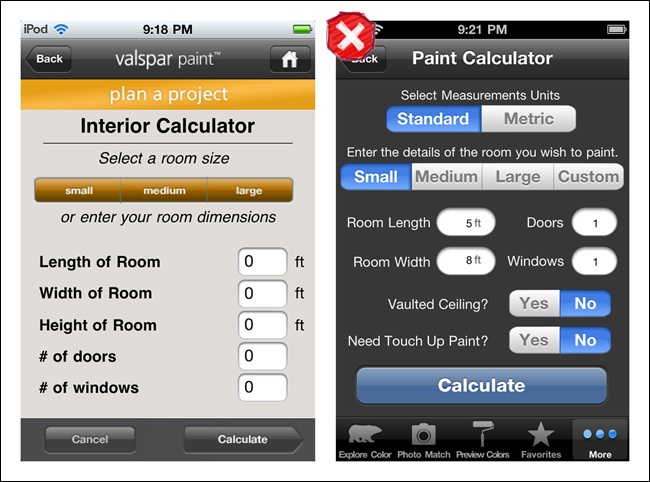 The Valspar Paint Calculator, with well-aligned fields, is easier to read than the Behr Paint Calculator