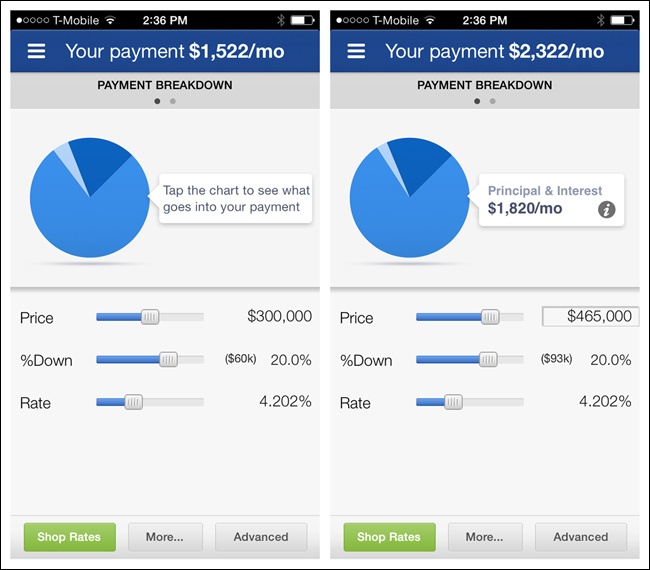 Zillow Mortgage Calculator for iOS: display changes with data input