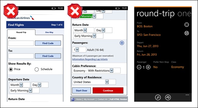 American Airlines (2013) and Kayak for Windows Phone: clutter versus clean