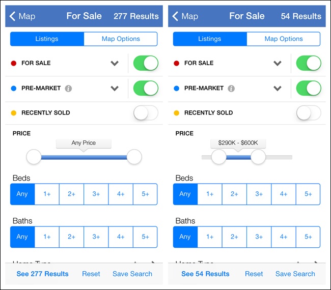 Zillow for iOS displays the number of results as inputs are entered on the form