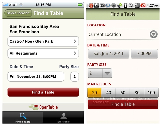 OpenTable for iOS and Android (2011): user must enter all Search criteria