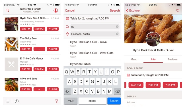 OpenTable for iOS 7: Implicit Search autosuggests nearby options