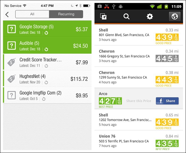 BillGuard for iOS and Gas Guru for Android: conspicuous row identifiers