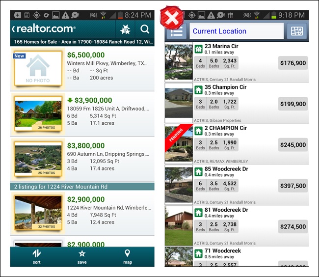 Realtor.com compared to Redfin for Android: design and alignment are critical in Headerless Tables