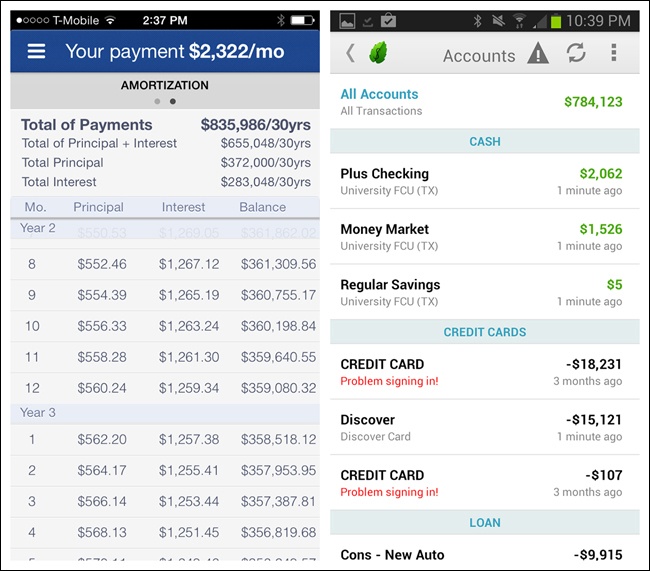 Zillow Mortgage Calculator and Mint for Android: Grouped Rows