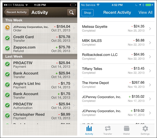 PayPal for iOS 6 and iOS 7: newer design loses the icons and gains readability