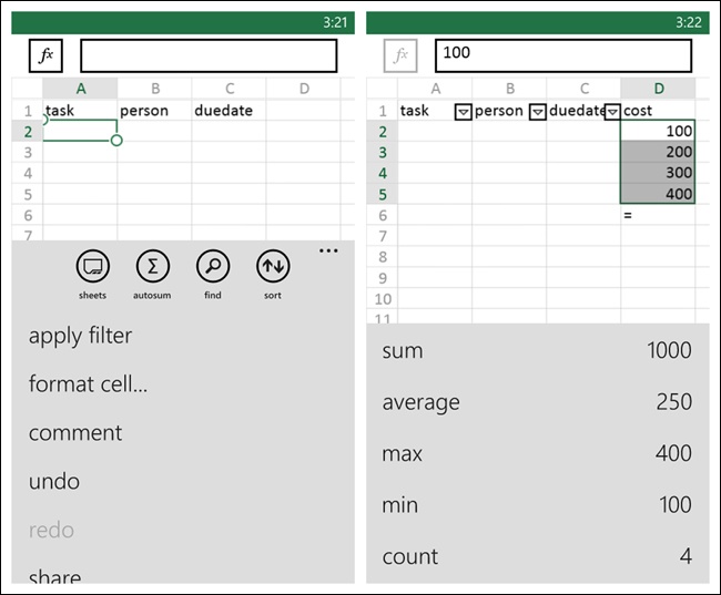 Office for Windows Phone: tapping fx opens functions menu