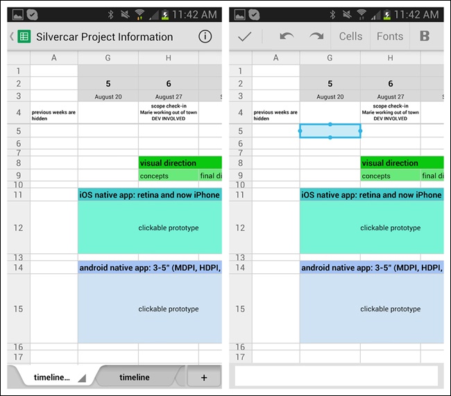 Google Drive for Android: selecting a cell reveals the input field across the footer