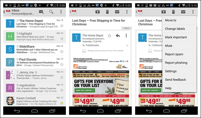 Gmail for Android: Action Bar buttons are determined by screen context