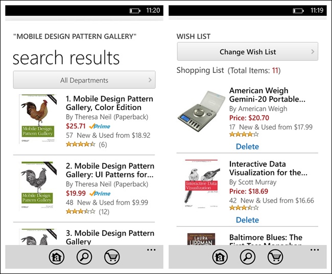 Amazon for Windows Phone: incorrectly using the Application Bar for primary navigation