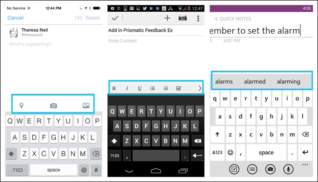 Twitter for iOS, Evernote for Android, and OneNote for Windows Phone: Contextual Toolbars for text entry actions