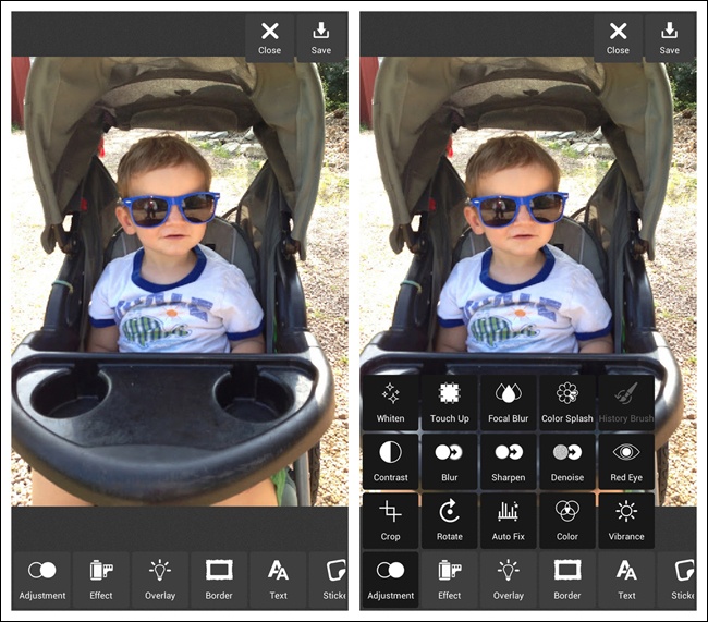 Pixlr for Android: tool options are shown when a tool is selected from the Toolbox