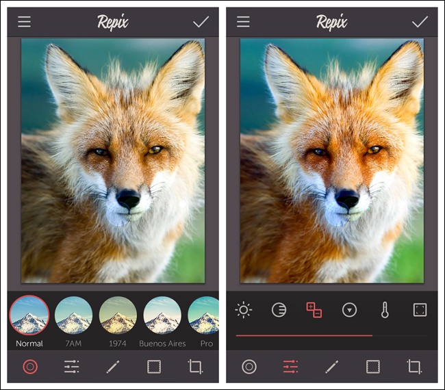 Repix for iOS: tool options appear as a second row above the Toolbox