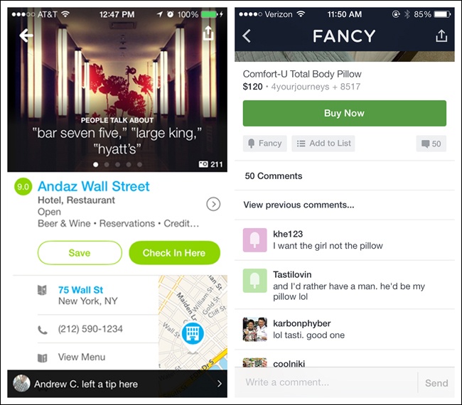 Foursquare and Fancy for iOS: primary CTA is visually different from secondary CTAs