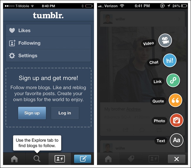 Tumblr for iOS 6: unbalanced right-side global CTA Button with flyout options