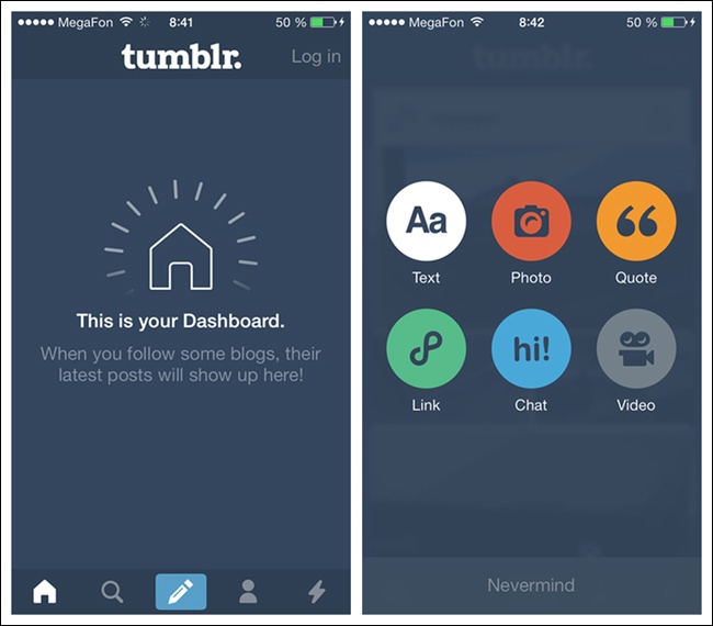 Tumblr for iOS 7 centers the global CTA Button, and presents a full screen of action options