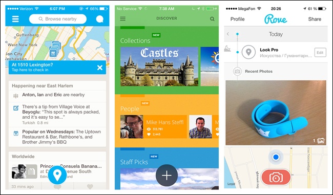 Foursquare, Sphere, and Rove for iOS: floating CTAs