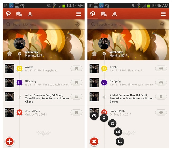 Path for Android: when tapped, the floating CTA reveals floating options