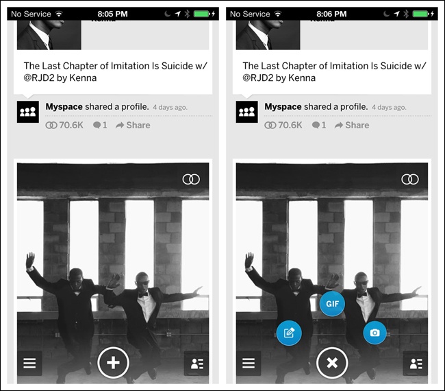 Myspace for iOS: note that the CTA icon changes to an x (close) in its opened state