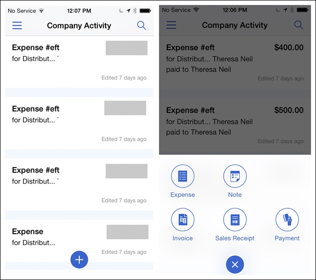 QuickBooks for iOS: another variation of the open/close floating CTA