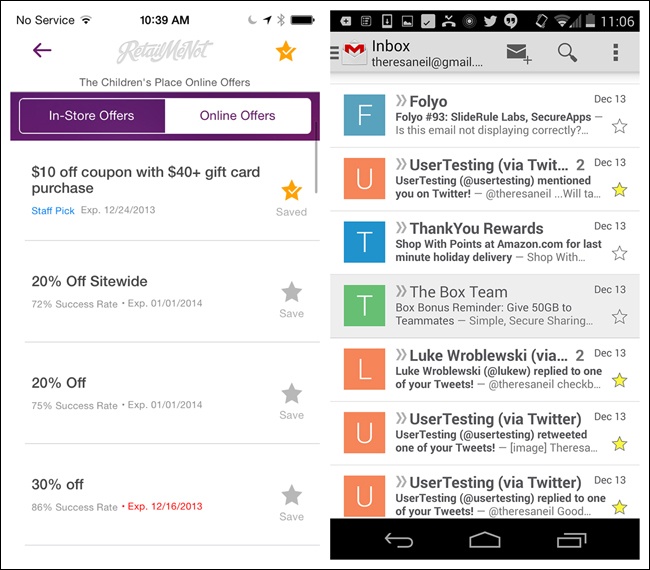 RetailMeNot for iOS and Gmail for Android: stateful star buttons