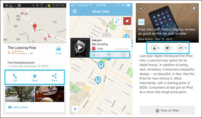 Google Maps for Android, and Soundwave and Pulse for iOS: Inline Actions in object detail views