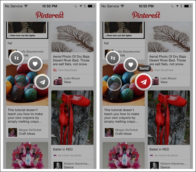 Pinterest for iOS: long-press a Pin, then hold and slide to a button ()