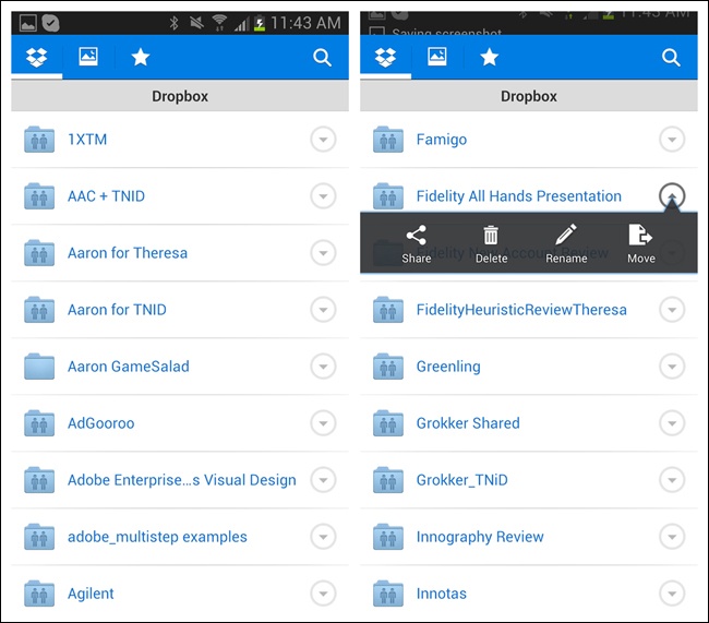 Dropbox for Android: tap the “more” icon to reveal the Contextual Tools overlay