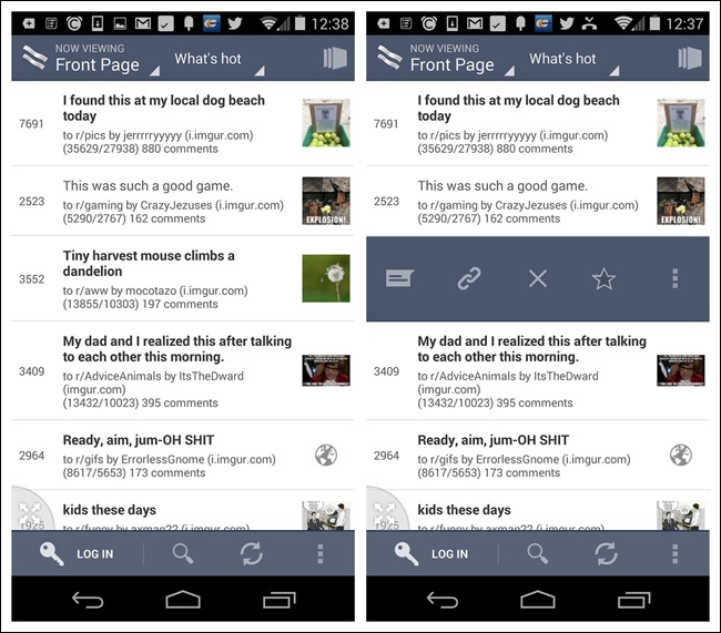 BaconReader for Android: swipe left or right to reveal Contextual Tools